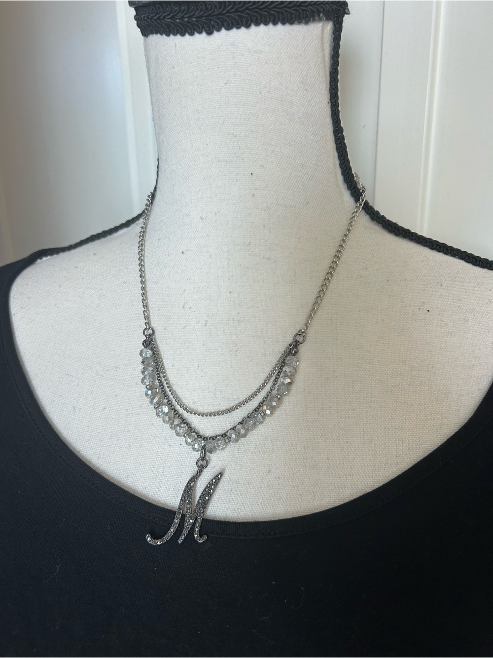 Silver Initial 'M' Layered Necklace - Silver and beaded